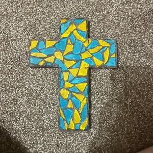 Mosaic Cross Decor in Blue and Yellow